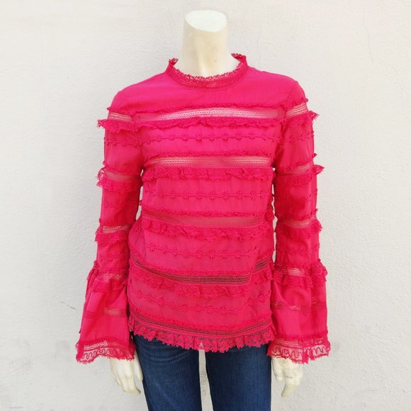 Ulla Johnson Tops - Ulla Johnson Fuchsia Lace Trim Bell Sleeve Blouse